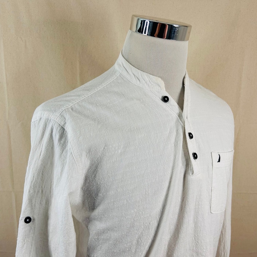Blanc du Nil Medium Band Collar Popover Shirt White Cotton Long Sleeve Mens